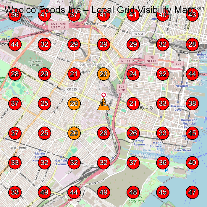 Woolco Foods Inc GeoGrid visibility map for Food Products Supplier in North Bergen
